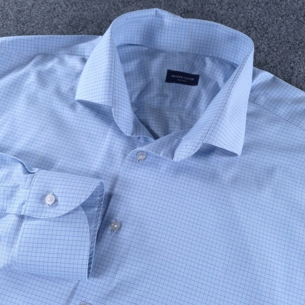 Proper Cloth Bob Dress Shirt XXL 18.25-36 Light Blue Check Non-Iron Stretch